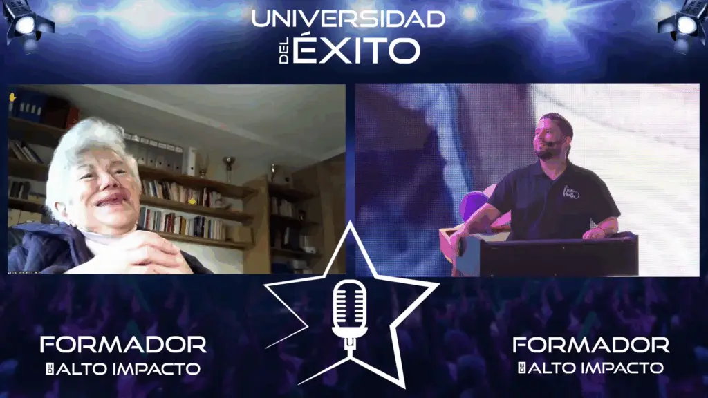 Evento híbrido en streaming: formador en directo y participante conectada por videollamada en pantalla compartida
